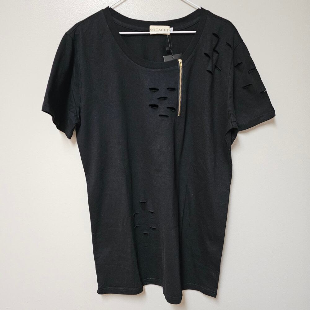 NWT Black Nitagut Tunic with Ripped Distressing and Zipper detail size Large